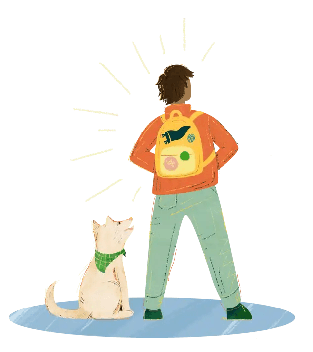 Student and dog looking toward the future